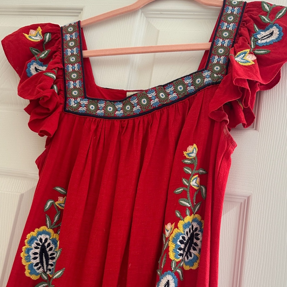 Anthropologie Red Dress with Floral Embroidery
